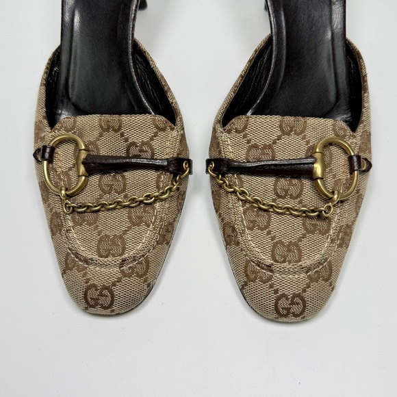 Vintage Gucci Monogram Horsebit Mule Heels in Beige / Brown / Gold size 7b main image 5